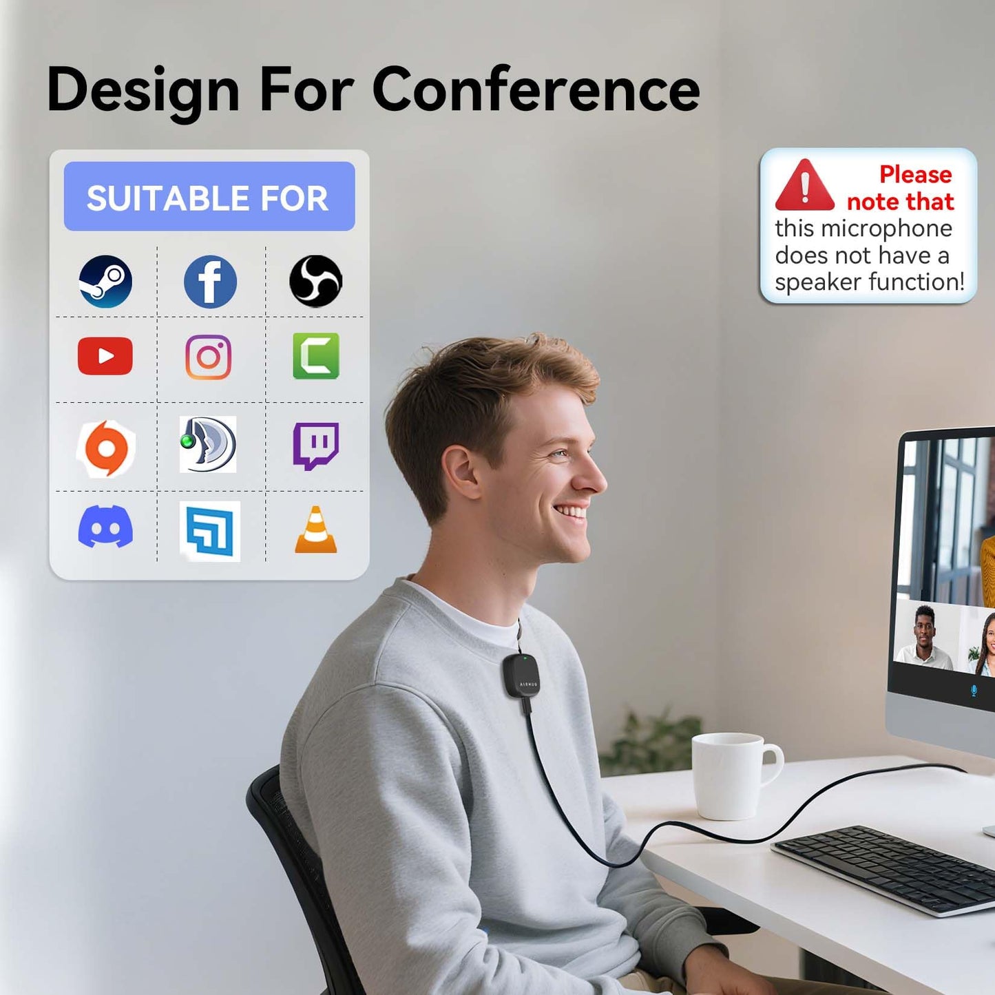 AIRHUG Conference USB Microphone, Desktop Computer Mic, Noise Canceling, Mute Button & LED Indicator, Plug & Play for Video Conference, Gaming, Online Class, Compatible with Windows & MacOS