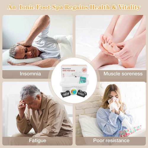 veicomtech Ionic Foot Bath Detox Machine, Foot Detox Machine for Home Use Salon, an Ionic Feet Spa at Home with 2 Super Duty Arrays,Epsom Salt, 10 Basin Liners (Colorful)