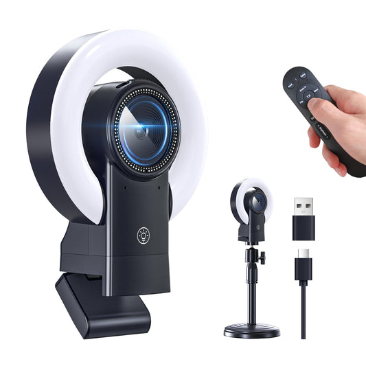 4K Webcam with Light, Web Cam with Speaker, Dual Noise Reduction Plug and Play, Web Camera for Desktop Computer, Auto-Focus, Privacy Protection, Webcam for PC Zoom Skype