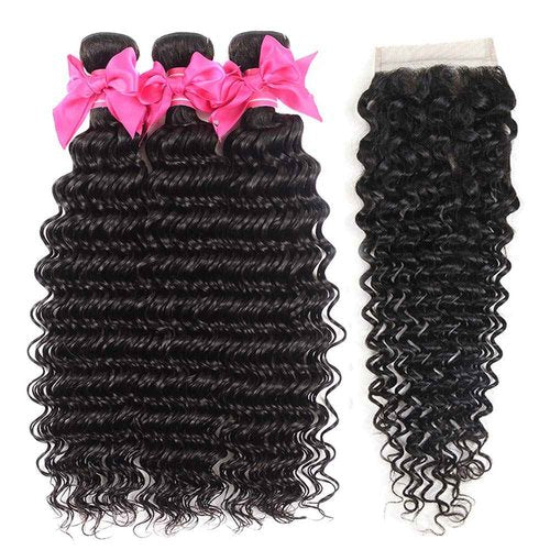 Aatifa Lace Rosa 9A Brazilian Virgin Hair Deep Wave 3 Bundles with Free Part Closure, lace closure 100% Unprocessed Natural Color Can Be Dyed and Bleached, (16/18/20+14 Inch)