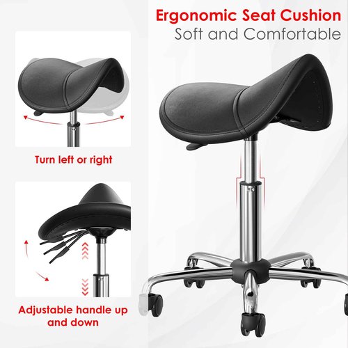 CLORIS Saddle Rolling Stool Hold up to 400 LBS Height Adjustable Swivel Chair Metal Feet with Wheels for Spa, Massage, Salon, Home, Office, Medical, Tatoo, Bar Black