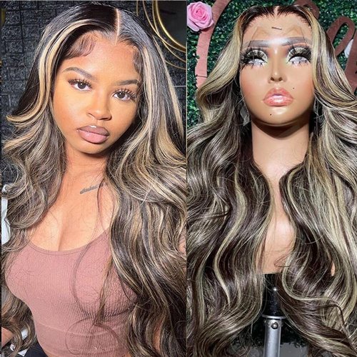 ABALON Balayage Body Wave Lace Front Wig Human Hair 16 Inch 200% Density Highlight Ombre HD Lace Frontal Wigs Human Hair Pre Plucked FB/27 13x4 Glueless Wigs for Black Women