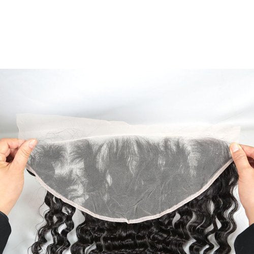 13x6 Lace Frontal Transparent Lace 100% Unprocessed Brazilian Virgin Human Hair Lace Closure Pre Plucked with Baby Hair Natural Black Color (13x6,Deep Wave, 14 Inch)