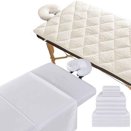 XOLLOZ Massage Sheets and Fleece Cover Bundle - 4 Set Premium Microfiber Sheets (White) & Double-Sided Fleece Massage Table Warmer - Fits All Standard Massage Tables - Stain, Oil & Wrinkle-Resistant