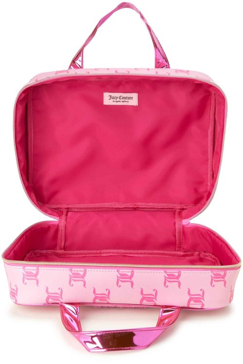 Juicy Couture Pink Makeup Bag Cosmetics Organizer Travel Essentials Weekender Logo Shiny Trim