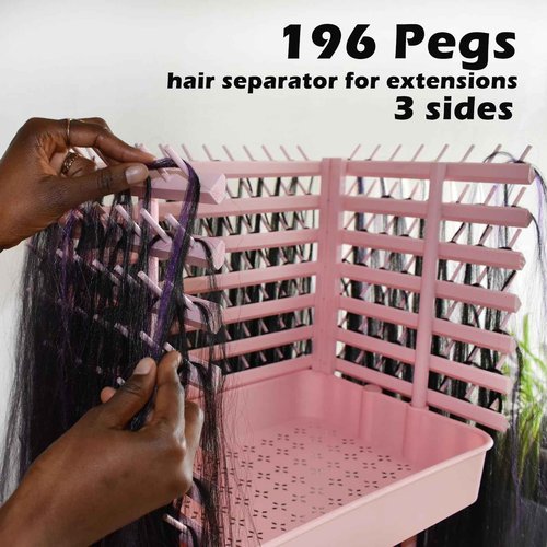 ICCTUO Braiding Hair Rack with 196 Pegs, Hair Extension Holder with 4 Tiers Storage Cart, Elegent Pink Braiding Rack Stand for Hair Braider, Sturdy Hair Rack for Salon, Home, Beauty School