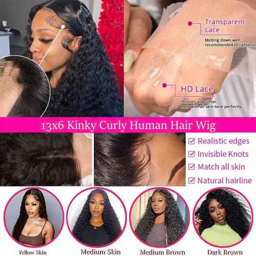 Bestdilin Kinky Curly Wig Human Hair 13x6 Lace Frontal 220% Density 16 Inch Afro Kinky-Curly Bob HD Transparent Lace Front Wig for Women Pre Plucked With Baby Hair Glueless Short Kinky Curly Wigs