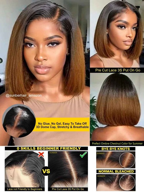 Sunber Ombre Chestnut Brown Light Yaki Straight Bob Human Hair Wigs Bye Bye Knots Pre Cut 7x5 HD Lace Front Lace Put On and Go 3s Wear Glueless Brown Yaki Bob Wig Pre Bleached Invisible Knots 12Inch