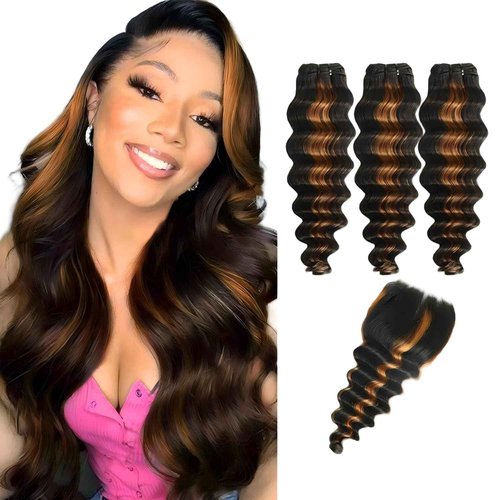 Loose Wave Human Hair Bundles with Closure 12 14 16+12in10A Brazilian Remy Virgin Hair Weave Colored Fb30 Ombré Loose Deep 3 Bundles Human Hair with HD Lace Closure Free Part Pre plucked