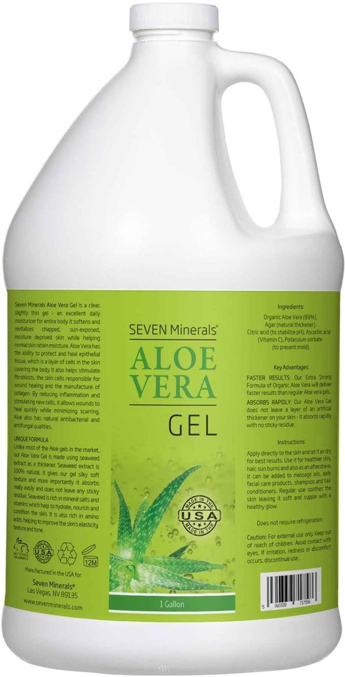 Seven Minerals Organic Aloe Vera Gel from freshly cut 100% Pure Aloe - 1 Gallon - HighestQuality, Texas grown, Vegan, Unscented - For Face, Skin, Hair, Sunburn Relief - Bulk DIY (128 Fl Oz)