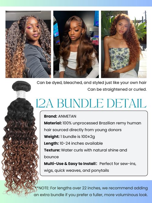 Anmetan 12A Brown Ombre Human Hair Bundles Water Wave 24 Inch, Chestnut Ombre Brown Wet n Wavy Single Bundle with Dark Roots 3 Tone Color #T1B/2/30 Thick Sew In Weave Remy Hair Keep Soft After Washes