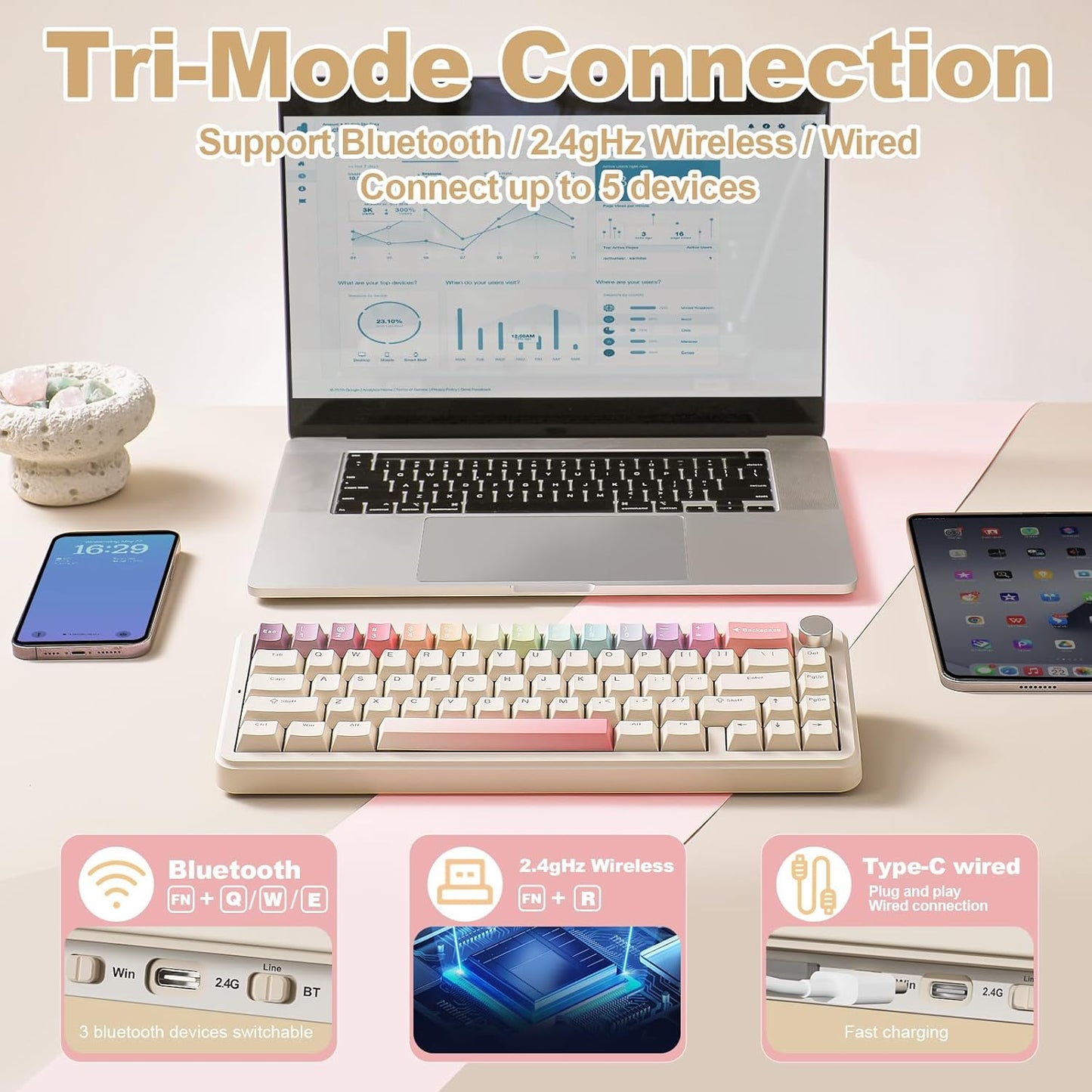 YUNZII B68 Wireless Mechanical Keyboard,Tri-Mode BT5.0/2.4GHz/USB-C,Cute PBT Keycaps,Hot Swappable Creamy Typing Gasket Mounted,RGB Backlit NKRO for Win/Mac (Pink, Cocoa Cream V2 Switch)