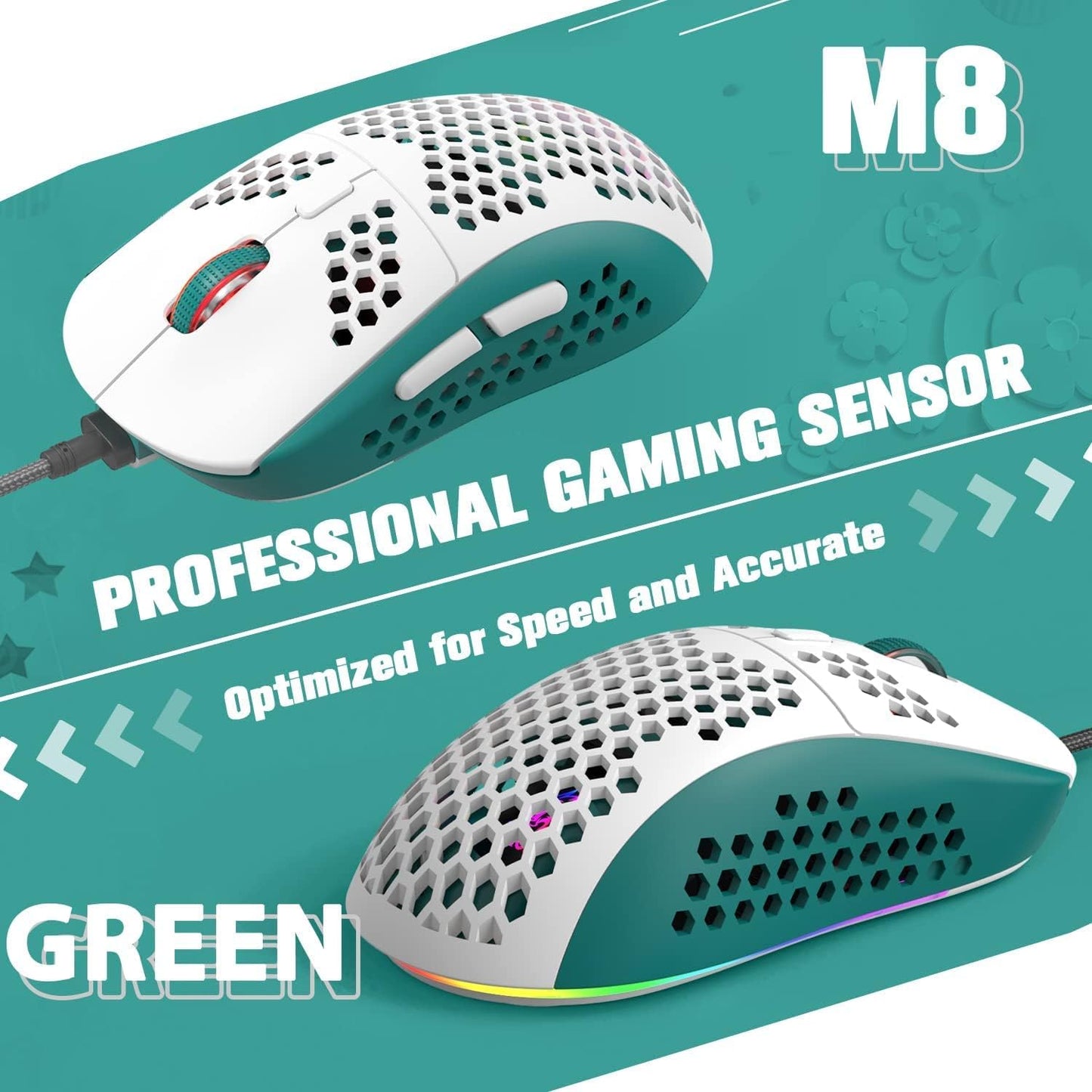 ZIYOU LANG Wired RGB Gaming Mouse,65G Lightweight Honeycomb Ultralight Mouse with High Precision Sensor 6400DPI,6 Button Programmable USB Gaming Mice,Precise Registration for PC Gamers Xbox PS4 Users