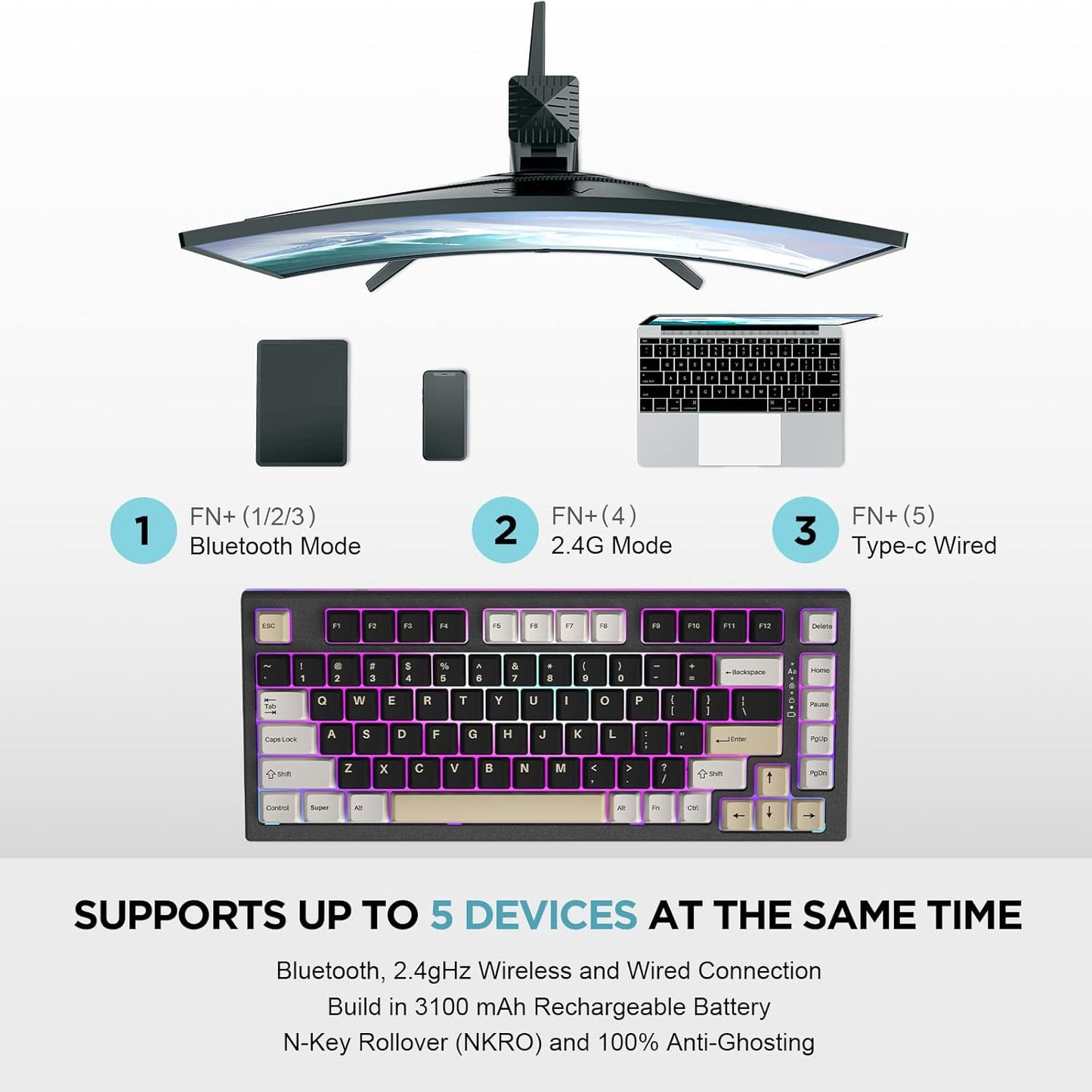 YUNZII YZ75 Hot Swappable Wireless Keyboard(Gateron G Pro Black, Black), Coffee Cat Dye Sub PBT Keycaps(Cherry Profile, Coffee Cat)