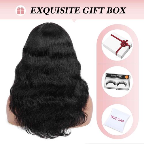 Fancy Hair Wavy Brazilian Virgin Human Hair Wigs with Bangs for Black Women Lace Middle Part Glueless Body Wave Wig With Bangs for Women Natural Black 18 inches