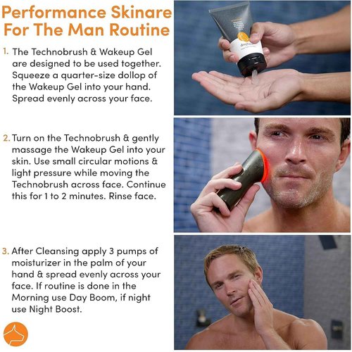 Dogface Essentials Kit Plus Technobrush & Wakeup Gel Cleanser Men’s Red Light Electric Facial Brush with Silicone Bristles to Exfoliate, Cleanse, Hydrate & Tone Skin Daily – Free Shower Caddy 5.3oz