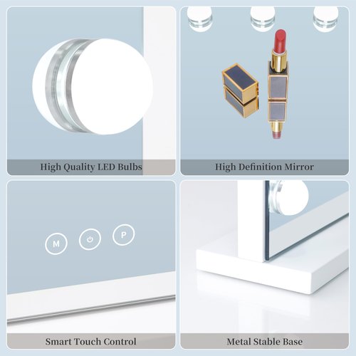 NUSVAN Vanity Mirror with Lights Lighted Makeup Mirror with 15 Dimmable LED Bulbs,3 Color Lighting Modes,USB Charging Port Touch Control,Sturdy Metal Frame Design 24x18 Inch,White