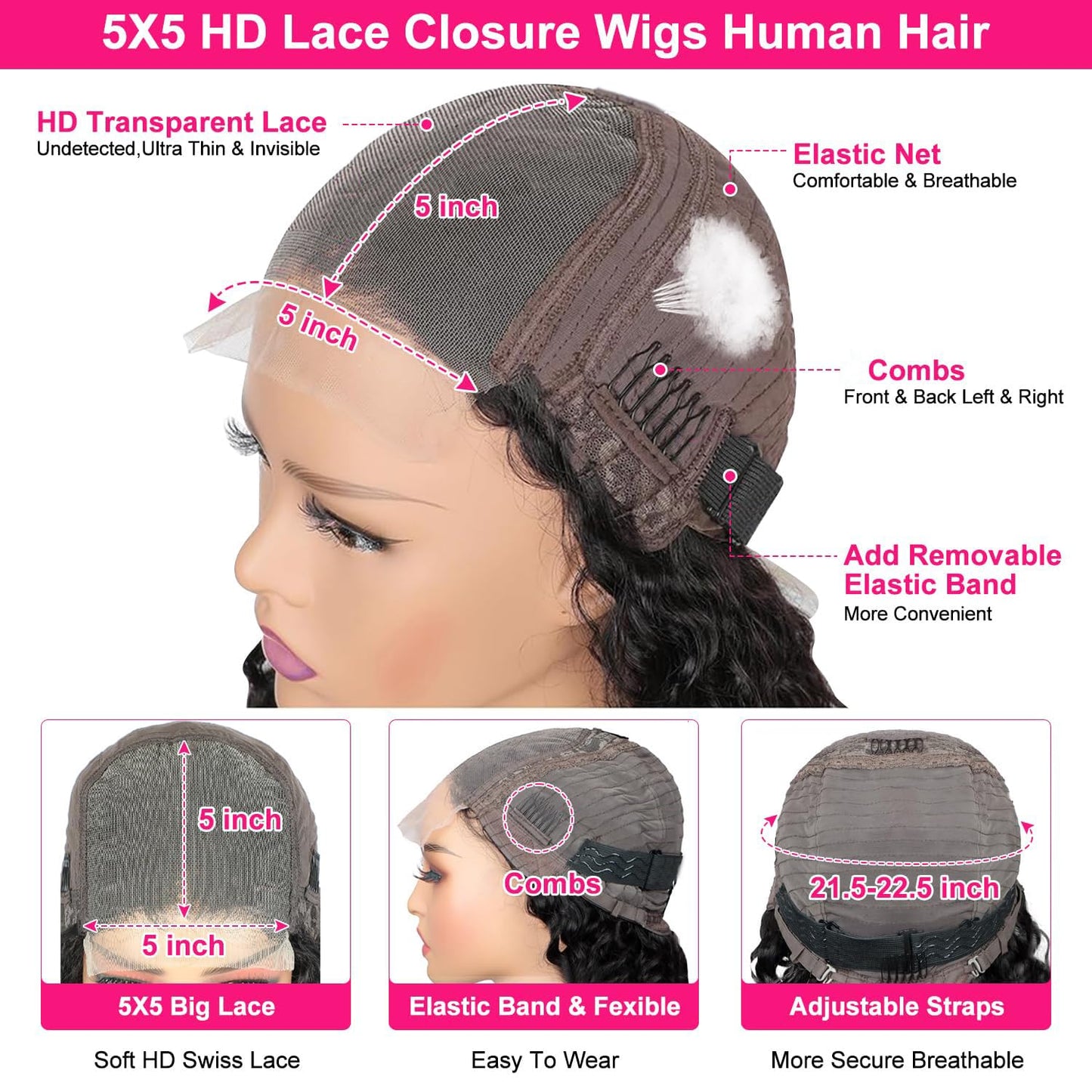 Karlami 5X5 Deep Wave Lace Front Wigs Human Hair Wet and Wavy Human Hair HD Lace Closure Wigs Glueless Wigs Human Hair Pre Plucked 180% Density Wig (5X5 Black, 22 inch, Deep Curly)