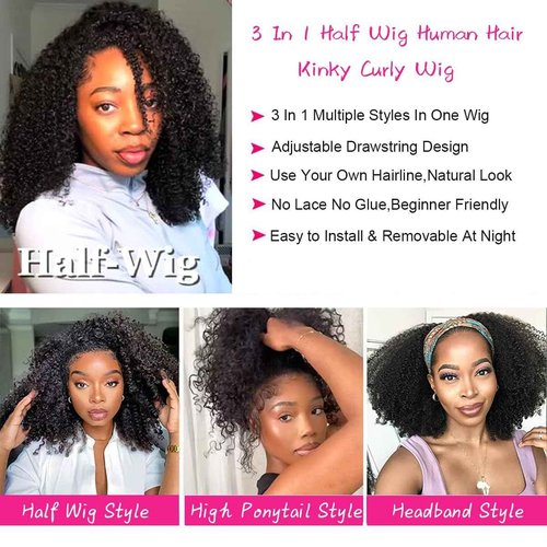 FYKD 250% Density Half Wig Human Hair Glueless 3 in 1 With Drawstring Seamless Clip in Flip Over Kinky Curly 100% Real Human Hair No Synthetic Blend No Tangle No Shedding 18 Inch Triple Lifespan 3X