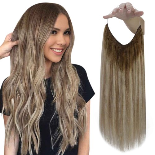Fshine Invisible Wire Hair Extensions Real Human Hair 16 Inch 80 G Secret Wire Layered Hairpiece Olive Brown to Ash Brown and Blonde One Piece Clip in Hair Extensions for Women