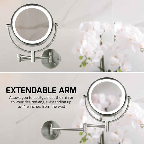 OVENTE Wall Mounted Lighted Makeup Vanity Mirror, 9" Hard Wired Double Sided 1X/7X Magnifying Bathroom Mirror, Dimmable LED Lights, 360° Rotation and 14" Extendable Arm, Nickel Brushed MPWD3185BR1X7X