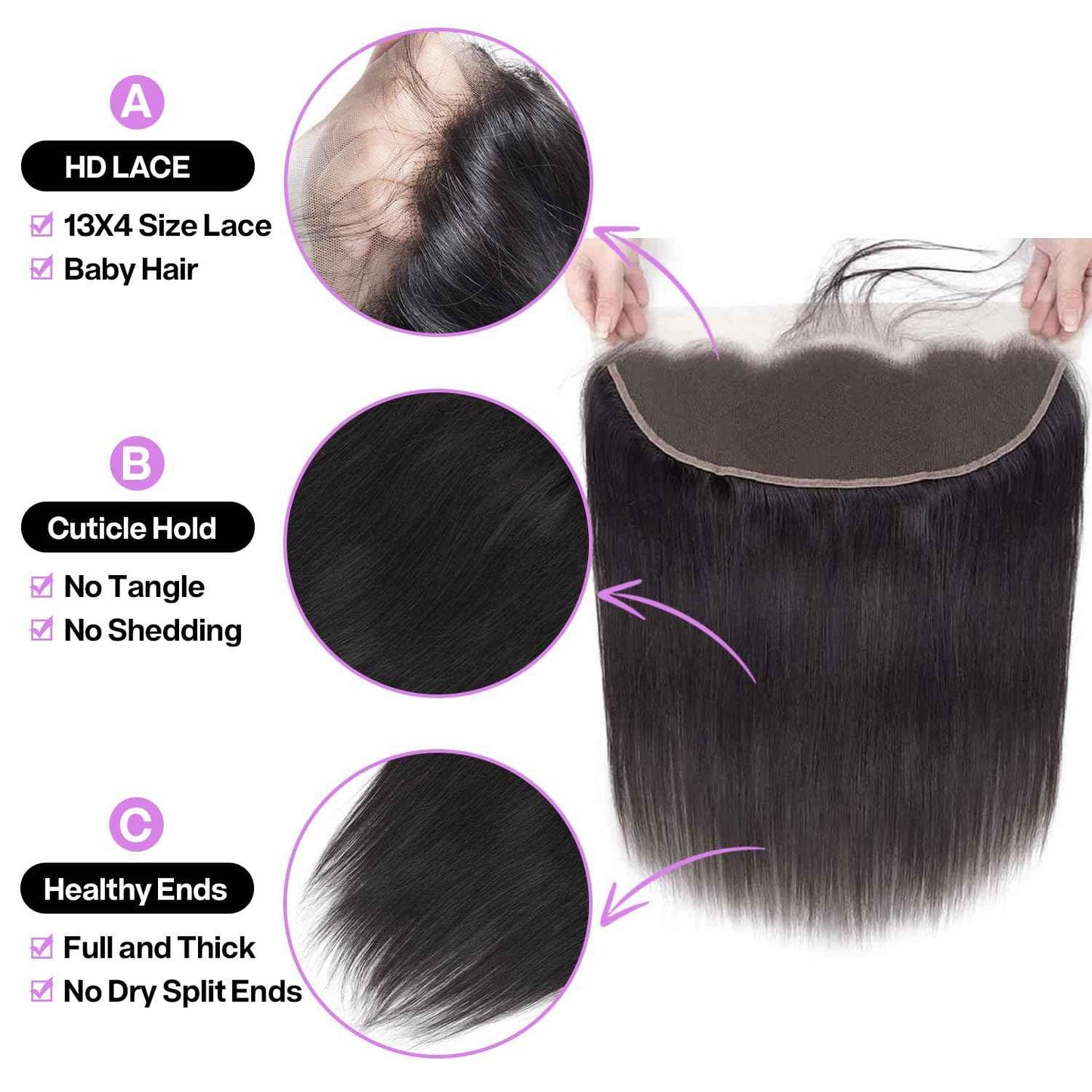 13x4 Straight HD Lace Frontal Closure 100% Unprocessed Brazilian Virgin Hair Silky Smooth Texture 150% Density Ear to Ear Lace Pre-Plucked Natural Black Long-Lasting 16 Inch