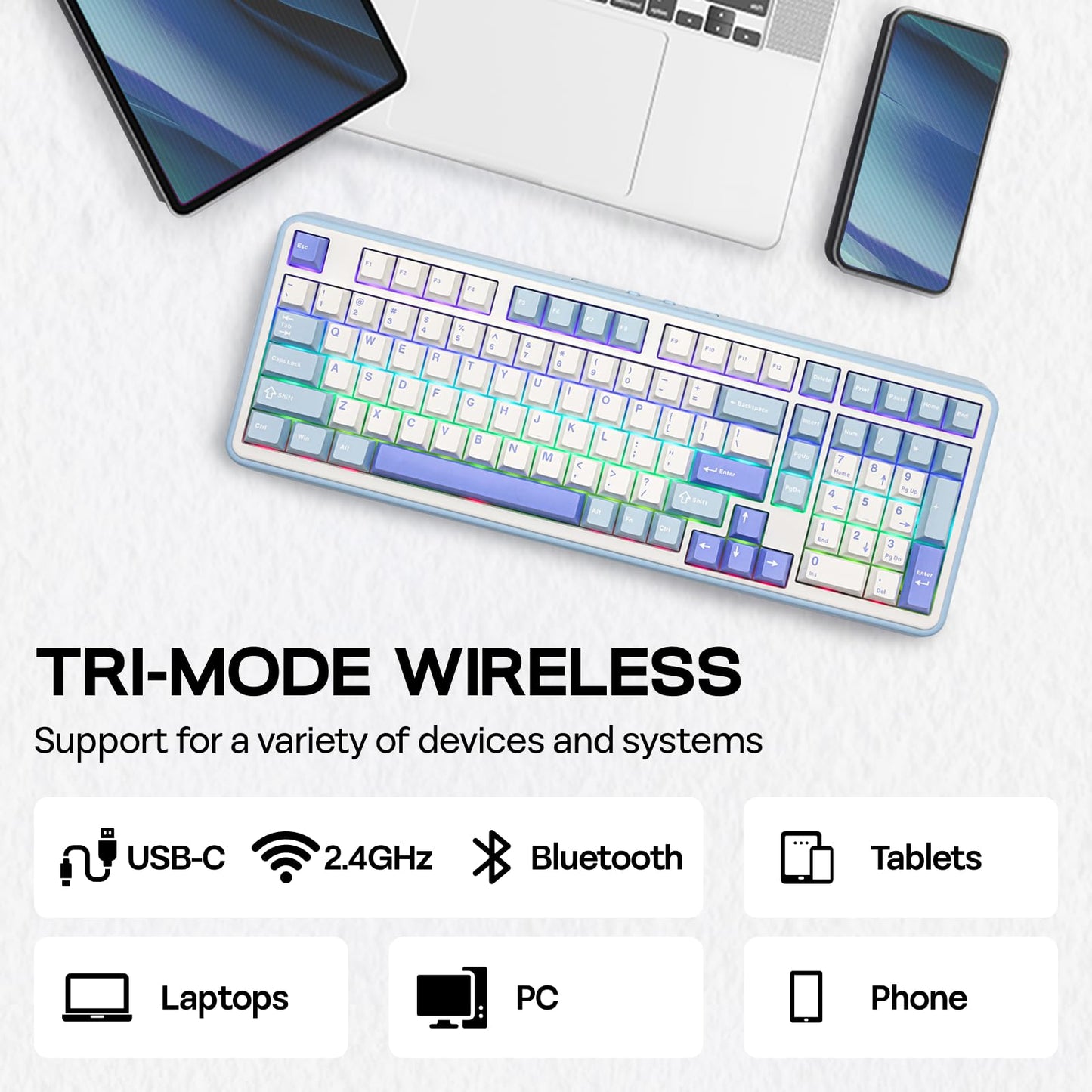 EPOMAKER TH99 Wireless Mechanical Keyboard with Lubed Silent Switch, Quiet Gaming Keyboard, 8000mAh,Creamy Gasket,RGB Backlit,Numpad,PBT Keycap,Hot Swappable,for Gamers/Office (Blue&White)