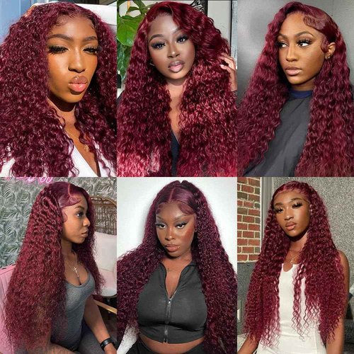ILHILH 99J Burgundy Lace Front Wigs Human hair Deep Wave 13x6 HD Lace Frontal Wigs Human Hair Pre Plucked 200 Density Wine Red Colored 99J Curly human Wig with Baby Hair 26 inch Glueless Wig