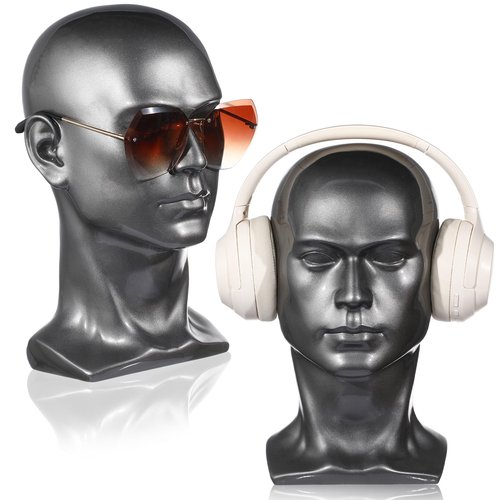 Geetery 2 Pcs Large Male Mannequin Head PVC Manikin Professional Man Head Model Silver Grey Display Stand for Display Wigs, Mask, Headset, Headphone, Hats, Jewelry, Hair, Glasses