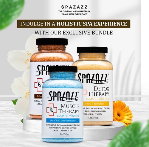Spazazz Hot Tub Aromatherapy RX Muscle Detox Joint Bath Salt Crystals Bundle. Three Jars of 19oz Spazazz Hot Tub Crystals with Hot/Cold Towel and 5-Point Full Body Massager
