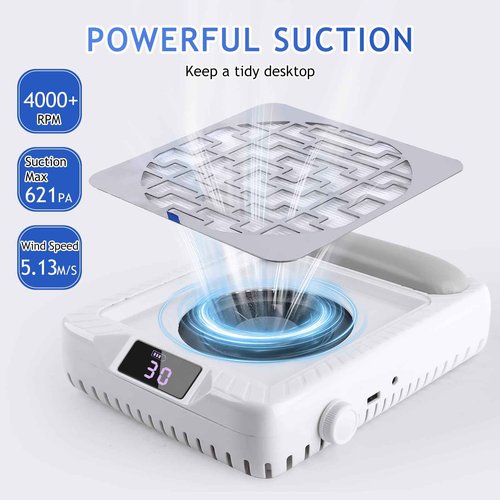 BOMOQING Rechargeable Nail Dust Collector, Professional Dust Collector Nail Tech with LED Display, Powerful Adjustable Nail Dust Cleaner Machine for Acrylic Nail Polishing & Salon use