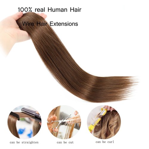 Ugrace Hair Wire Hair Extensions Real Human Hair Chocolate Brown 20 inch 100g Hairpiece with Transparent Invisible Fish Line Straight Clip in Human Hair Extensions for Women