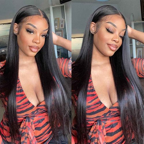 ISEE Wear Go Glueless Wigs Human Hair Pre Plucked Pre Cut Straight Transparent 5x7 Lace Glueless Wig Pre Bleached Tiny Knots Human Hair Wig for Black Women 180% 16 Inch