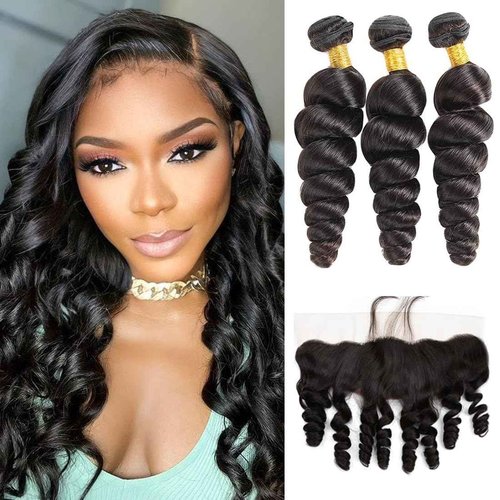 Weydlor Loose Body Wave Bundles Human Hair with Frontal (14 16 18+12) 12A Grade 100% Body Wave Human Hair Extensions 13x4 Lace Frontal Human Hair 180% Density Natural Black