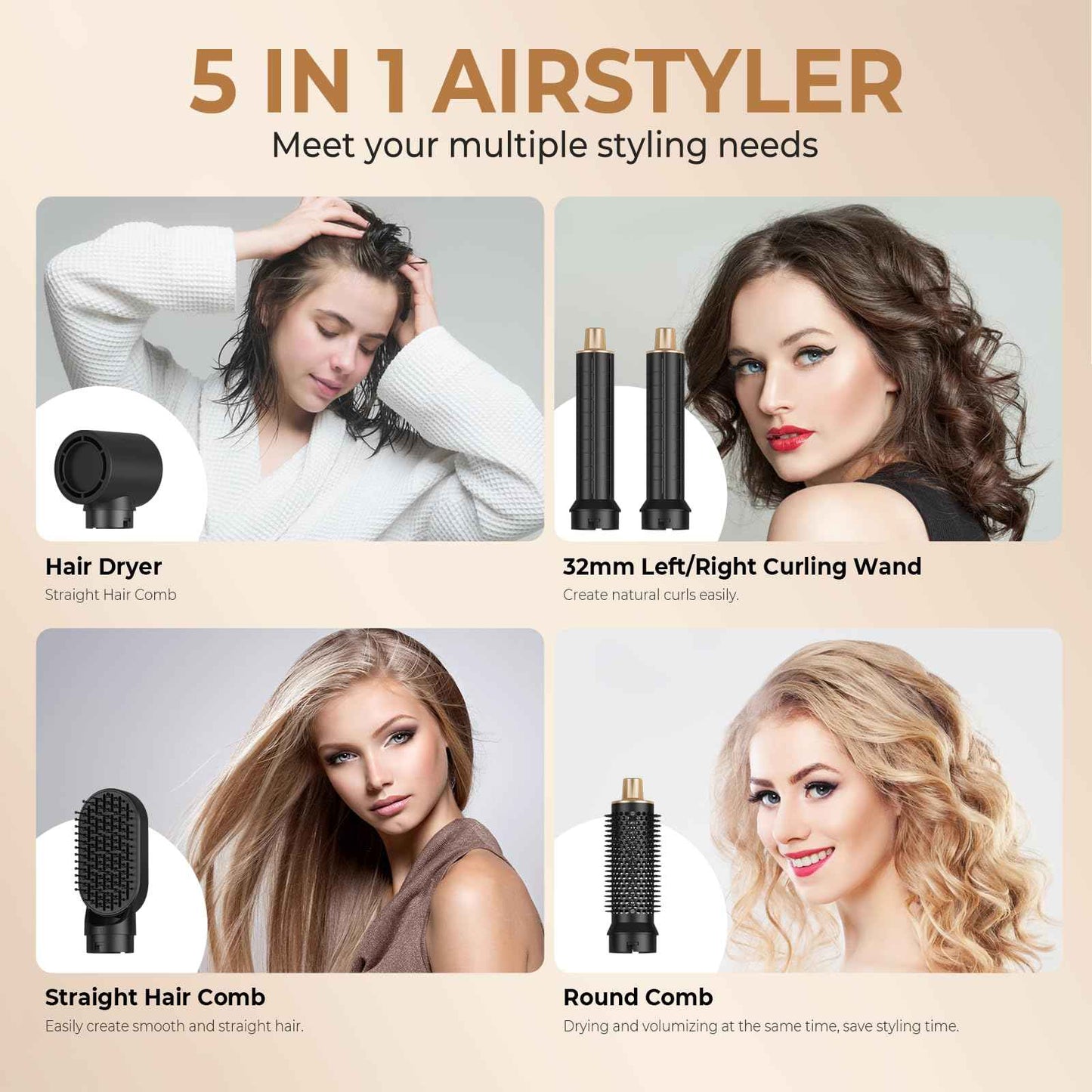 Hair Dryer Brush 5 in 1, Negative Ion Blow Dryer Brush Set Upgrade Hot Air Brush As A Gift for Straight/Curl/Drying/Smoothing Air Styler Curling Wrap Air Curler, Curling Iron Hair Styling Tools