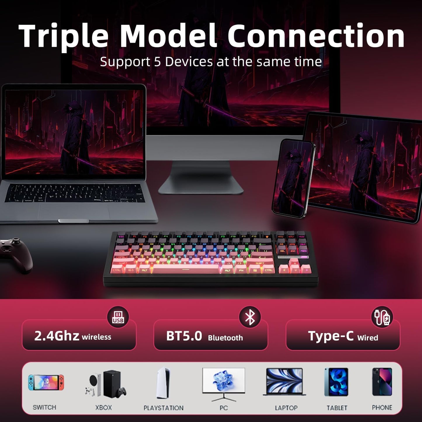 ZORNHER ZH870 Wireless Mechanical Gaming Keyboard,80% Pink & Purple Custom Creamy Sound Keyboard with Shine Through PBT Keycaps,Pre-lubed Linear Switches,Hot-Swappable,RGB Backlit,2.4GHz/USB-C/BT5.0