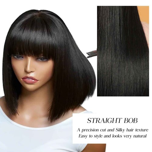 Ruiyu 250 Density Bob Wig with Bangs Human Hair 2x4 HD Lace Closure Front Silky Straight Wigs Human Hair Glueless Ready to Wear and Go for Beginners 100% Brazilian Human Hair for Black Women 12 Inch