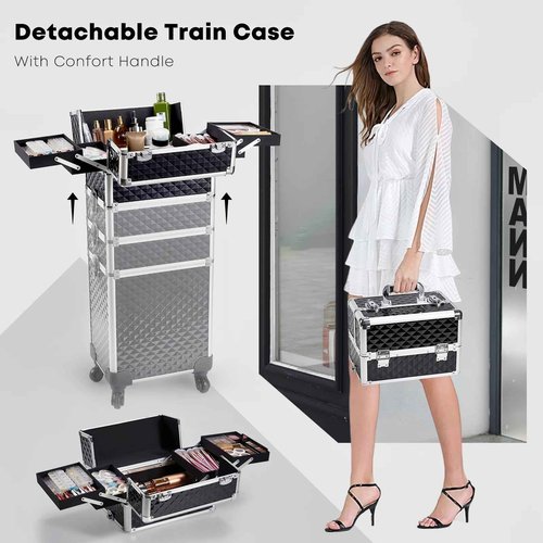 Adazzo 4 in 1 Rolling Makeup Case Cosmetic Train Case Trolley Roll Travel Box for Makeup Artist, Hairstylists, Nail Tech Makeup Cart with Key Swivel Wheels Barber Case Traveling Trunk Black