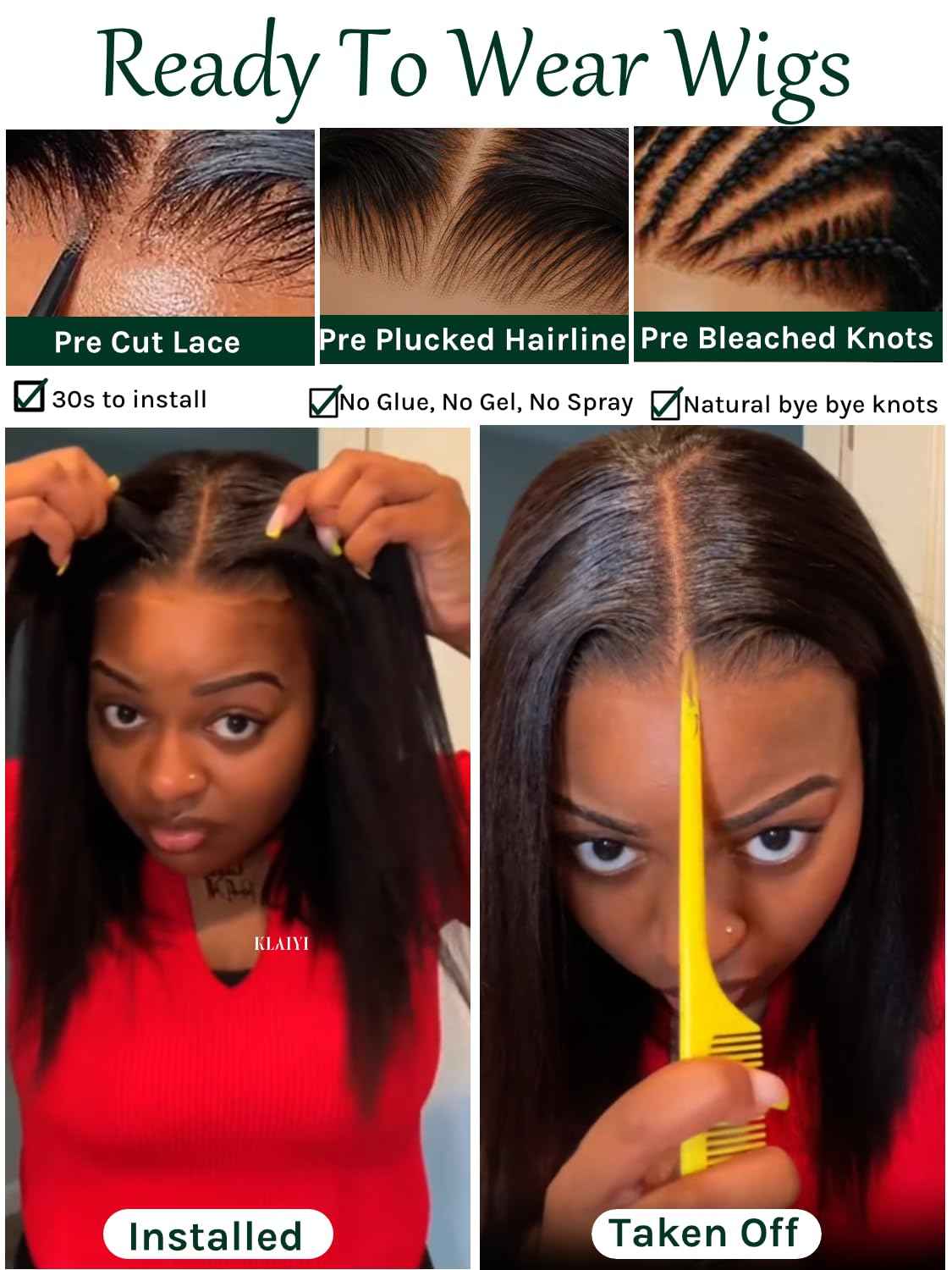 KLAIYI Bob Wig Human Hair Bye Bye Knots Glueless Wear and Go Wig with Drawstring Pre Cut 7x5 Lace Front Pre Plucked Bleached Short Straight Put on Go Beginner Wigs 3S Ready to Go Pre Everything 10Inch