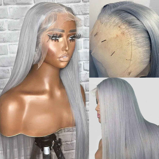 Grey Lace Front Wigs Human Hair, Glueless Grey Wigs Human Hair Pre Plucked HD 13x6 Lace Front Grey Wig for Black Women 180% Density 22 Inch Colored Silver Gray Straight Human Hair Lace Fronal Wig
