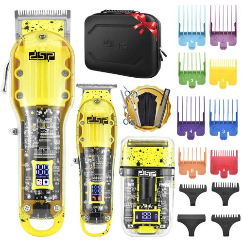 DSP Hair Clipper, Trimmer, Shaver Kits for Men Professional Barber Clipper and Trimmer Sets with Travel Case, Rechargeable, LED Display, Yellow