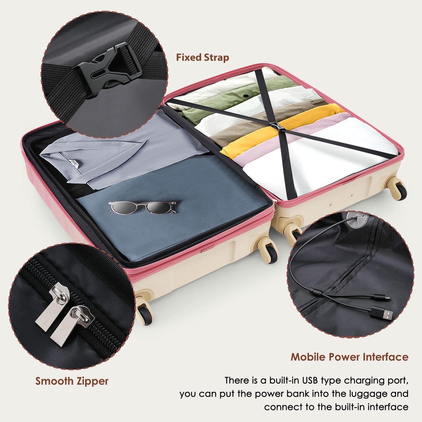 20-Inch Hard Shell Luggage Set with USB Port - Pink