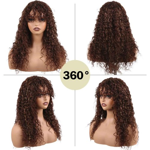 ManeMajesty 22 Inch Wet and Wavy Wig with Bangs, Glueless Non-Lace Front, 150% Density Brazilian Virgin Human Hair, Machine Made Curly Bob Wig for Women, Fs4/27 Brown with Blonde