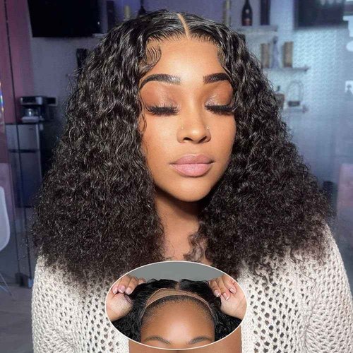 Glueless Wigs Human Hair Pre Plucked Pre Cut Deep Wave Bob Wig for Black Women 5x5 Lace Closure Wear and Go 180% Density Curly Wig with Baby Hair Natural Color 16 Inch