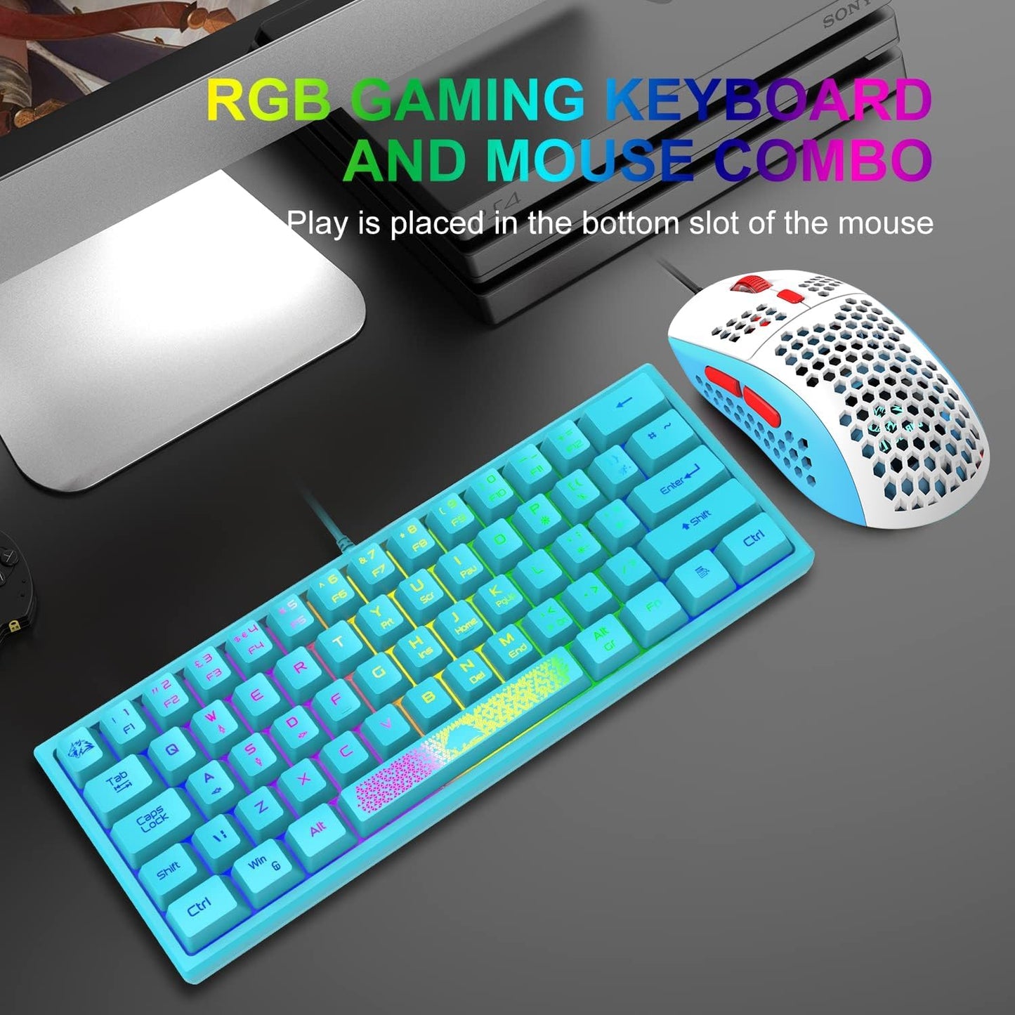 60% Gaming Keyboard and Mouse Combo Small Mini RGB Backlight Mechanical Feeling and Mechanical RGB 6400 DPI Honeycomb Optical Mouse,Gaming Mouse pad for Gamers and Typists Black