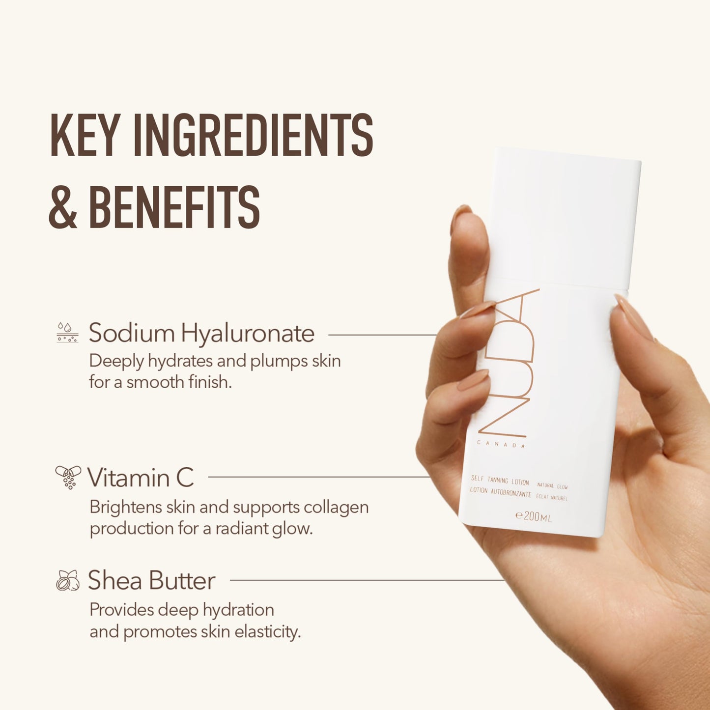 Nuda Self Tanning Lotion, Lightweight, Fast Drying, and Streak Free Gradual Self Tanner, Infused with Vitamin C, Shea Butter & Sodium Hyaluronate, Hydrating Sunless Tan, Vegan, Light to Medium, 6.7 Oz