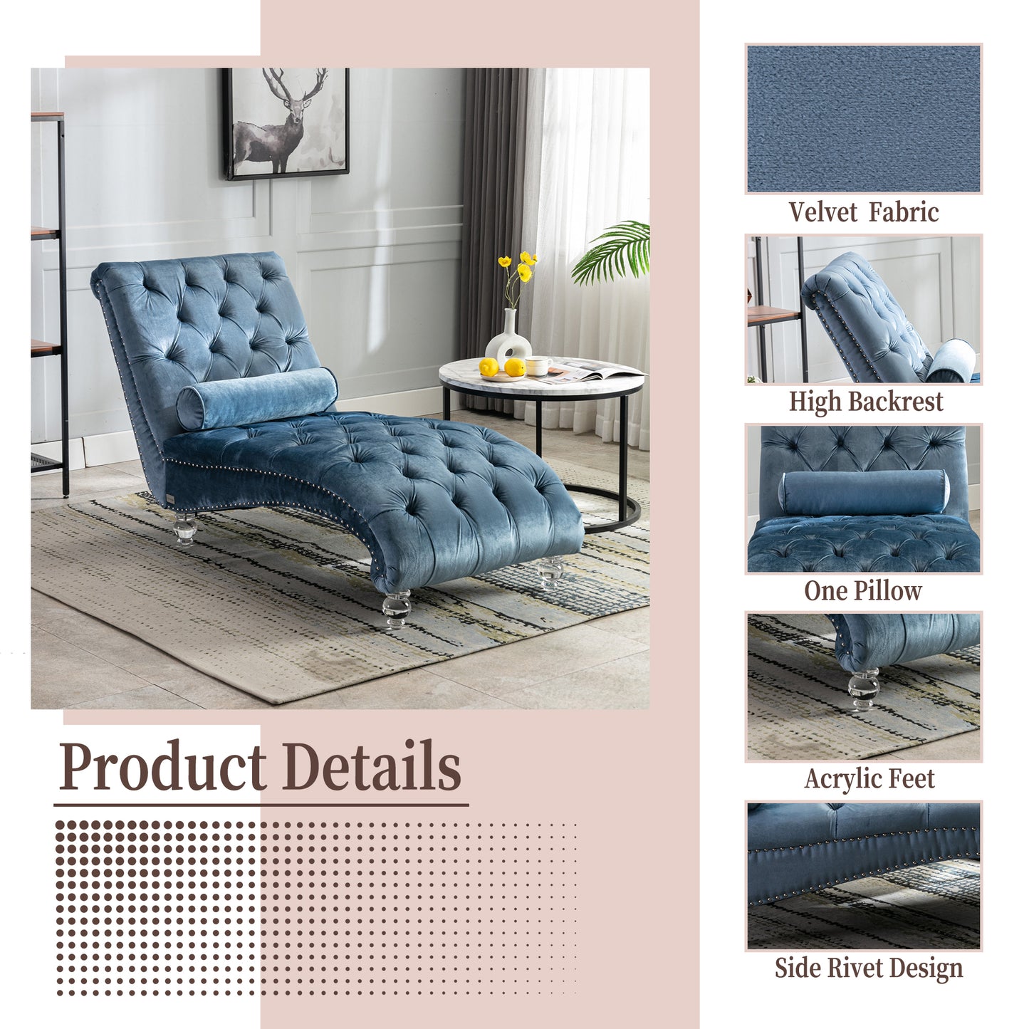 Light Blue Velvet Chaise Lounge Chair with Pillow - Indoor Use