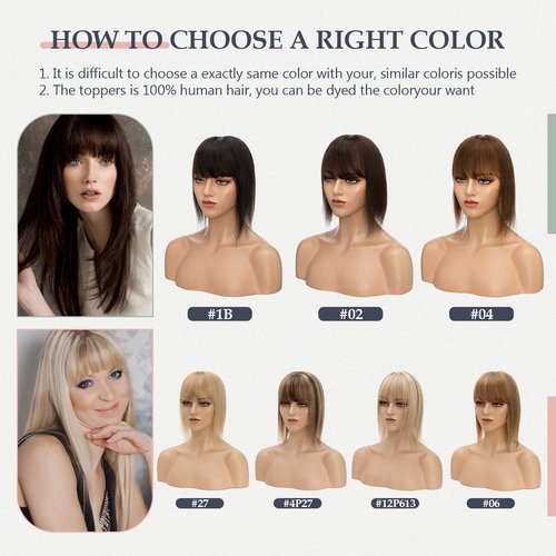 SLEEKALON Real Human Hair Topper - 150% Density Silk Base Brown Hair Topper with Bangs (14 Inch,04#)