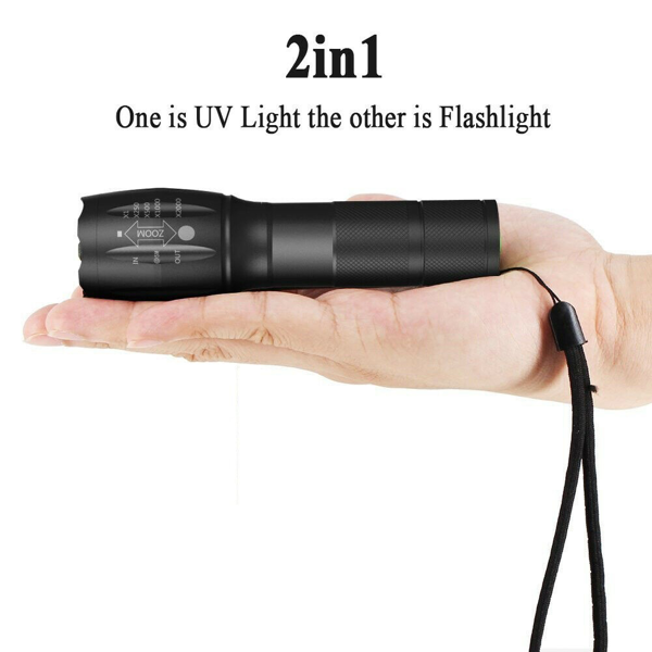 2-in-1 UV and White LED Flashlight with Focus Adjustable Inspection Light - Black