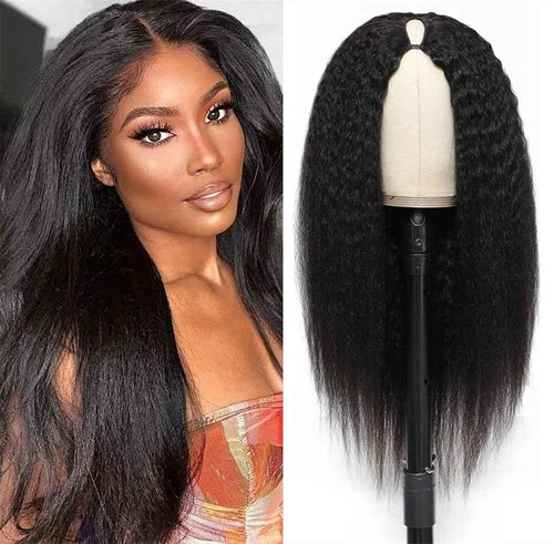 V Part Wig Human Hair Kinky Straight V Part Human Hair Wig for Black Women 180% Density Upgrade U Part Human hair wig Glueless V Shape Wig Yaki Straight Human Hair Wig Beginner Friendly 20 Inch